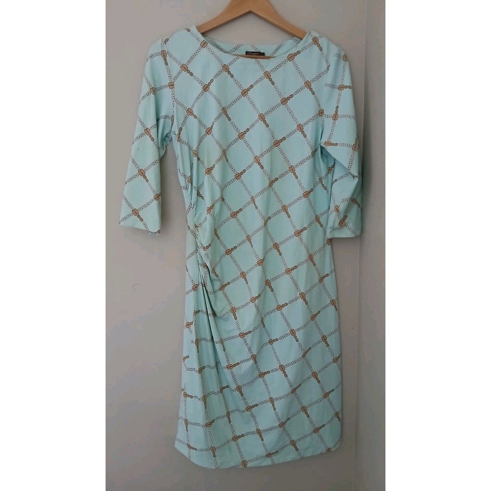J. McLaughlin Catalina Cloth Ruched Side Dress Size Large Chain Print 3/4 Sleeve